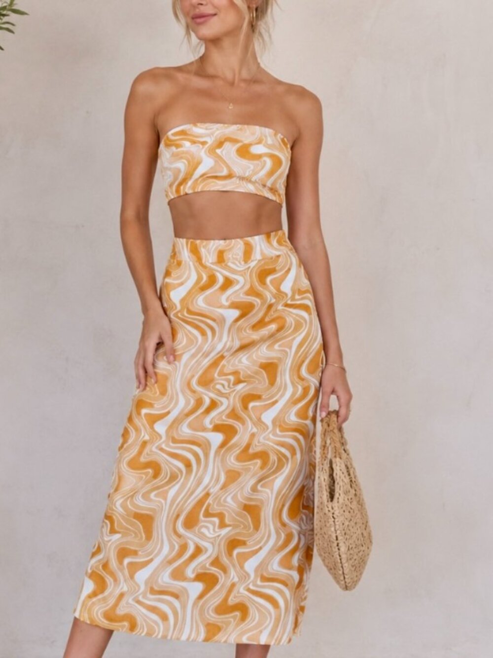CAARA Anthropologie 2 piece bandeau top and midi length fitted skirt XS beach